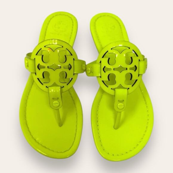 Tory Burch Patent Leather Miller Sandal Fluorescent Neon Yellow 6 Women’s - Picture 1 of 11